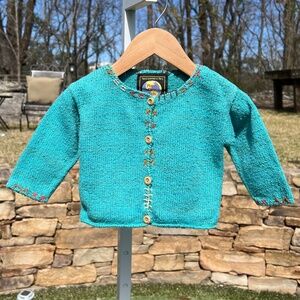Planet Earth 6-12 Months Hand Loomed Turquoise Cotton Cardigan Sweater